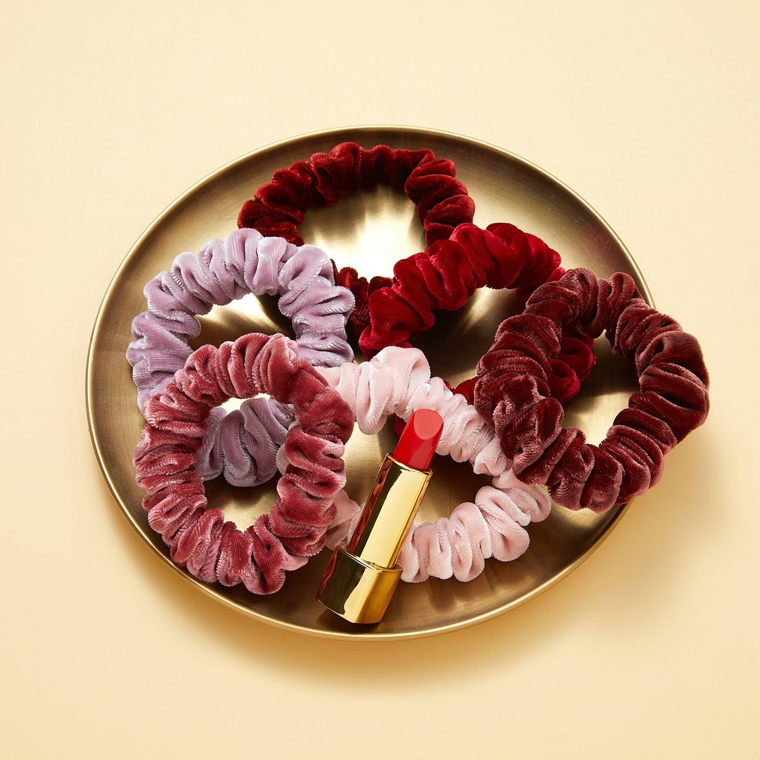 Silk Velvet Handmade Scrunchie Set of Two | 0.8 Inch & 2 Inch | Lipstick Collection Product Image