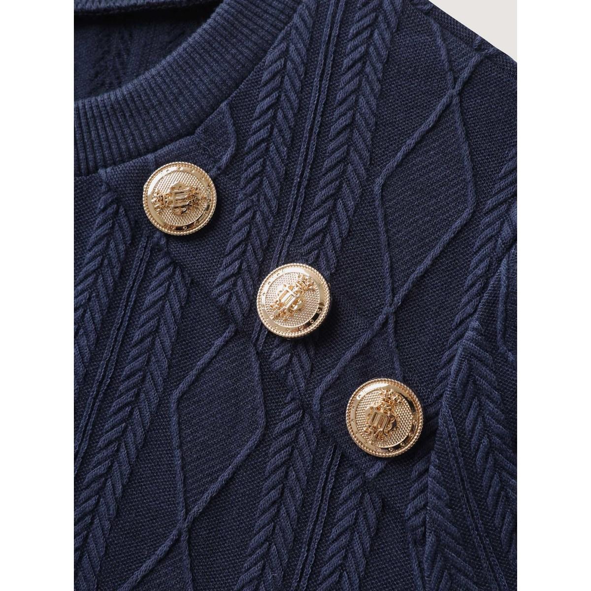 Plus Size Shoulder Button Textured Solid Sweatshirt Women Navy Office Round Neck Office Sweatshirts BloomChic 14-16/1X Product Image