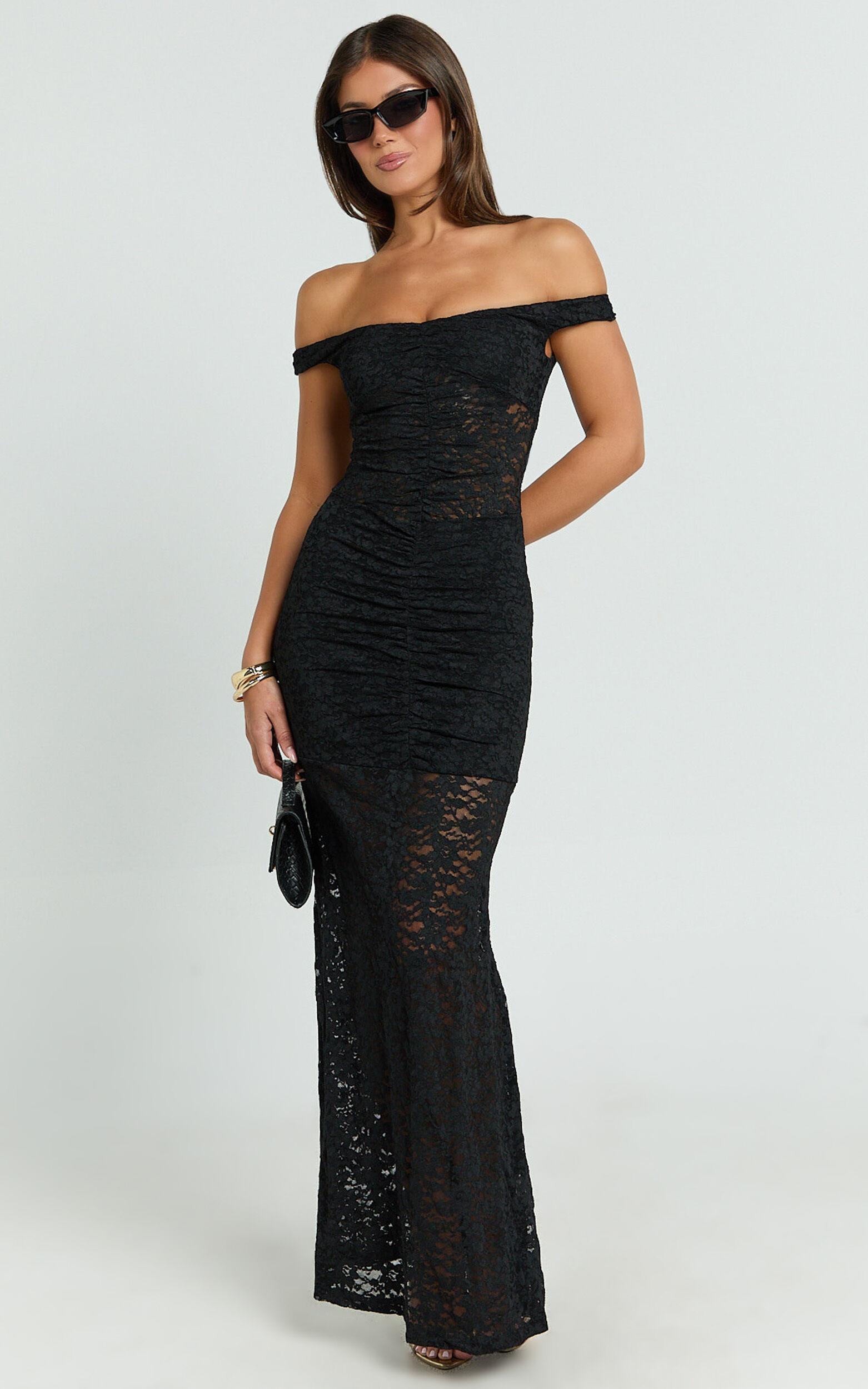 Brenda Maxi Dress - Lace Scoop Neck Keyhole Bodycon Dress in Black Product Image