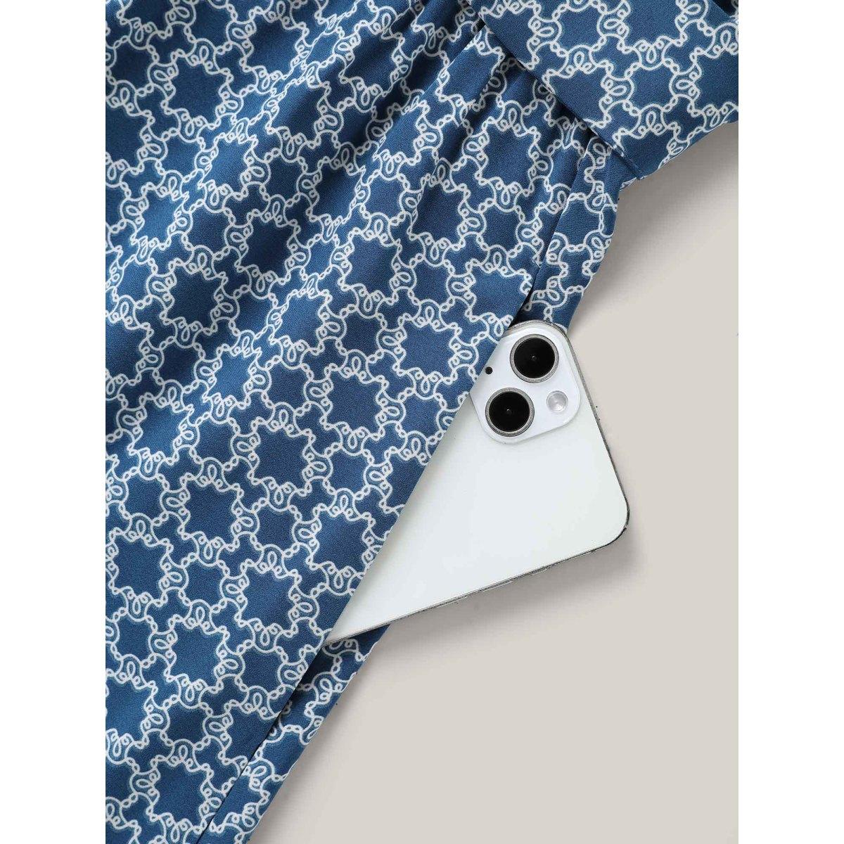 Plus Size Geometric Print Belted Pockets Midi Dress Mediumblue Women Round Neck Short sleeve Curvy BloomChic 26/4X Product Image