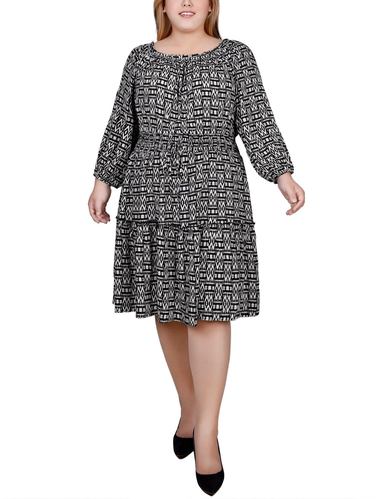 Tribal Black Off The Shoulder Dress With Smocking - Plus Product Image