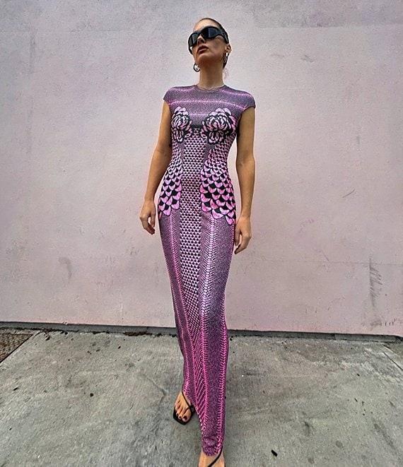 AFRM Cody Petal Print Mesh Crew Neck Cap Sleeve Dress Product Image