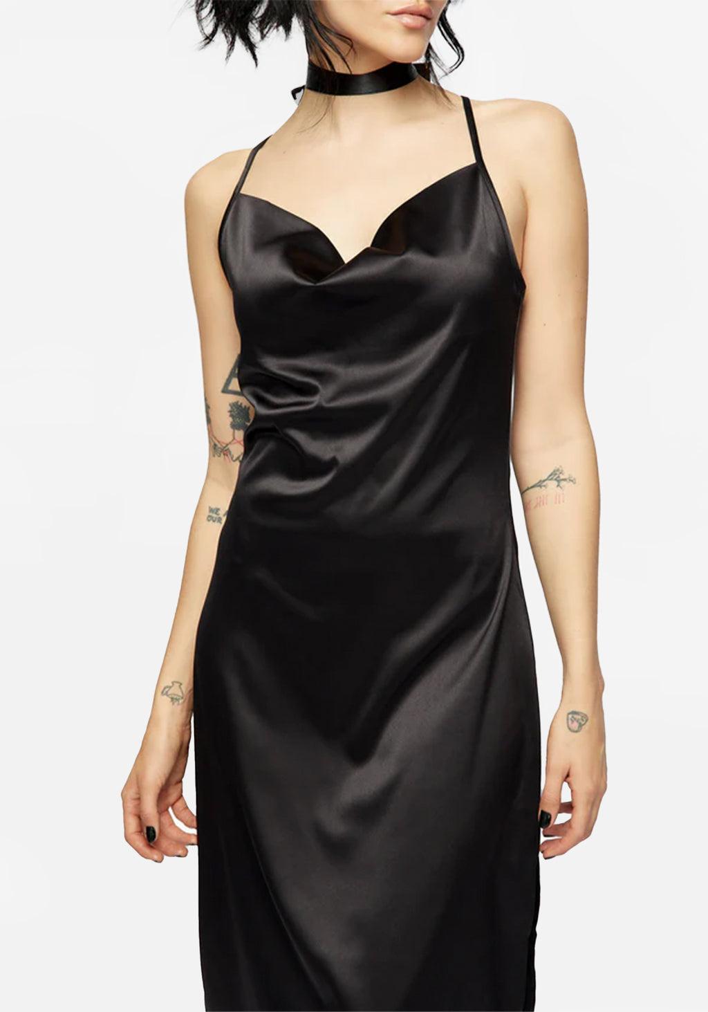 Medeina Cowl Neck Satin Midi Slip Dress - Midnight Black Product Image