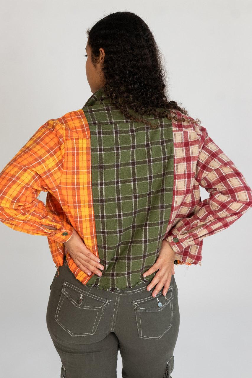 Cropped Patchwork Plaid Flannel Shirt Product Image