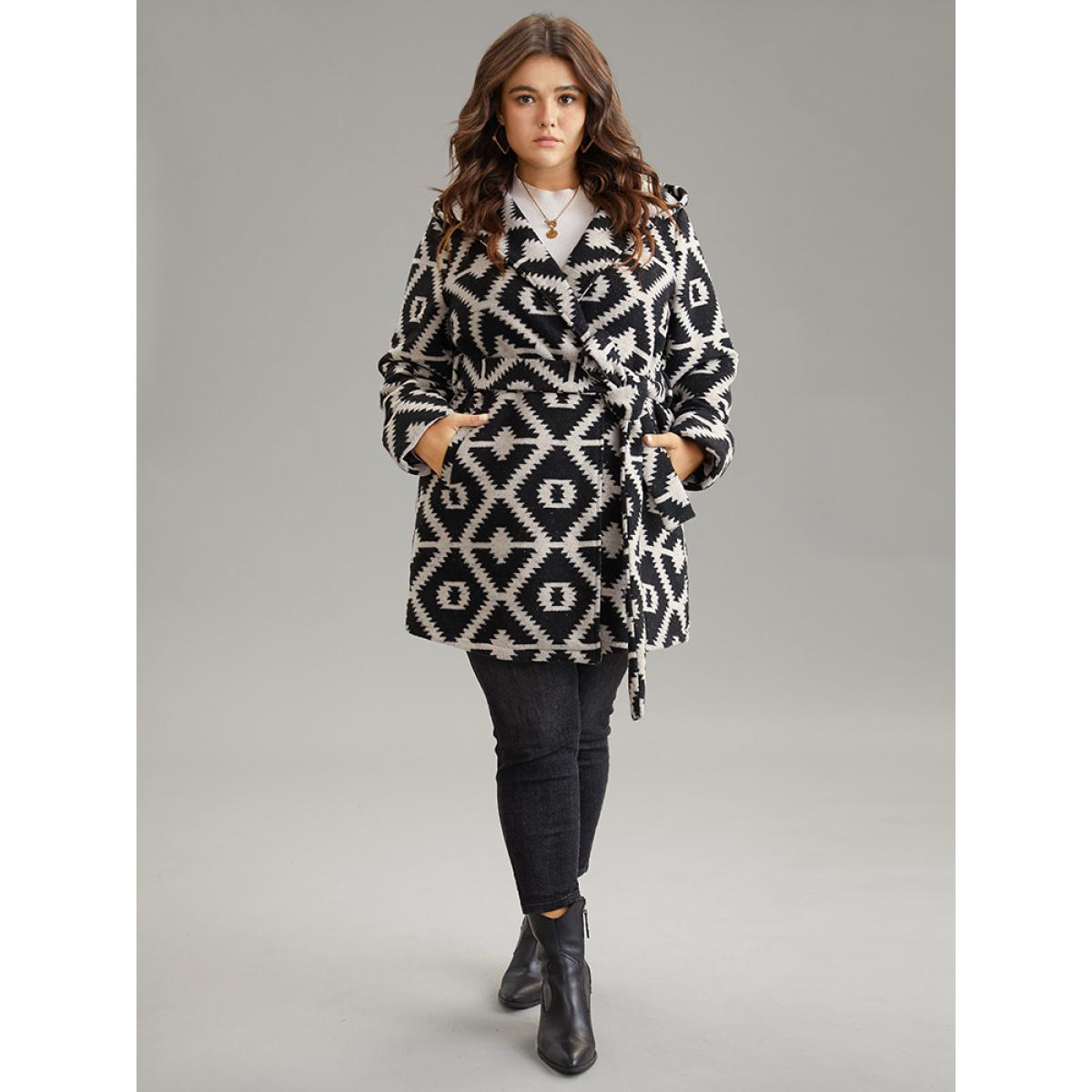 Plus Size Geometric Lapel Collar Pocket Belted Coat Women DarkGray Casual Belted Ladies Dailywear Winter Coats BloomChic 30/6X Product Image