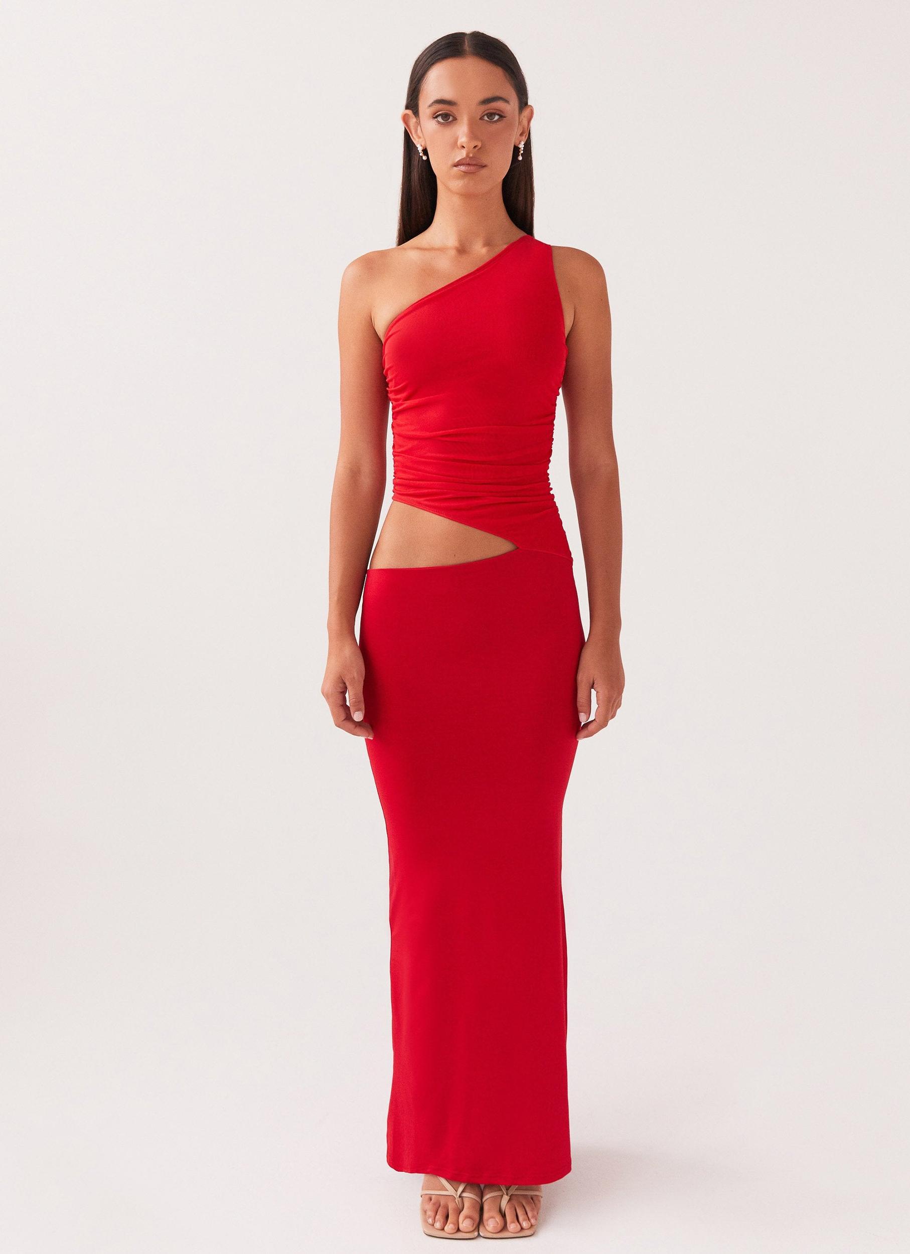 Seranella One Shoulder Maxi Dress - Cherry Red Product Image