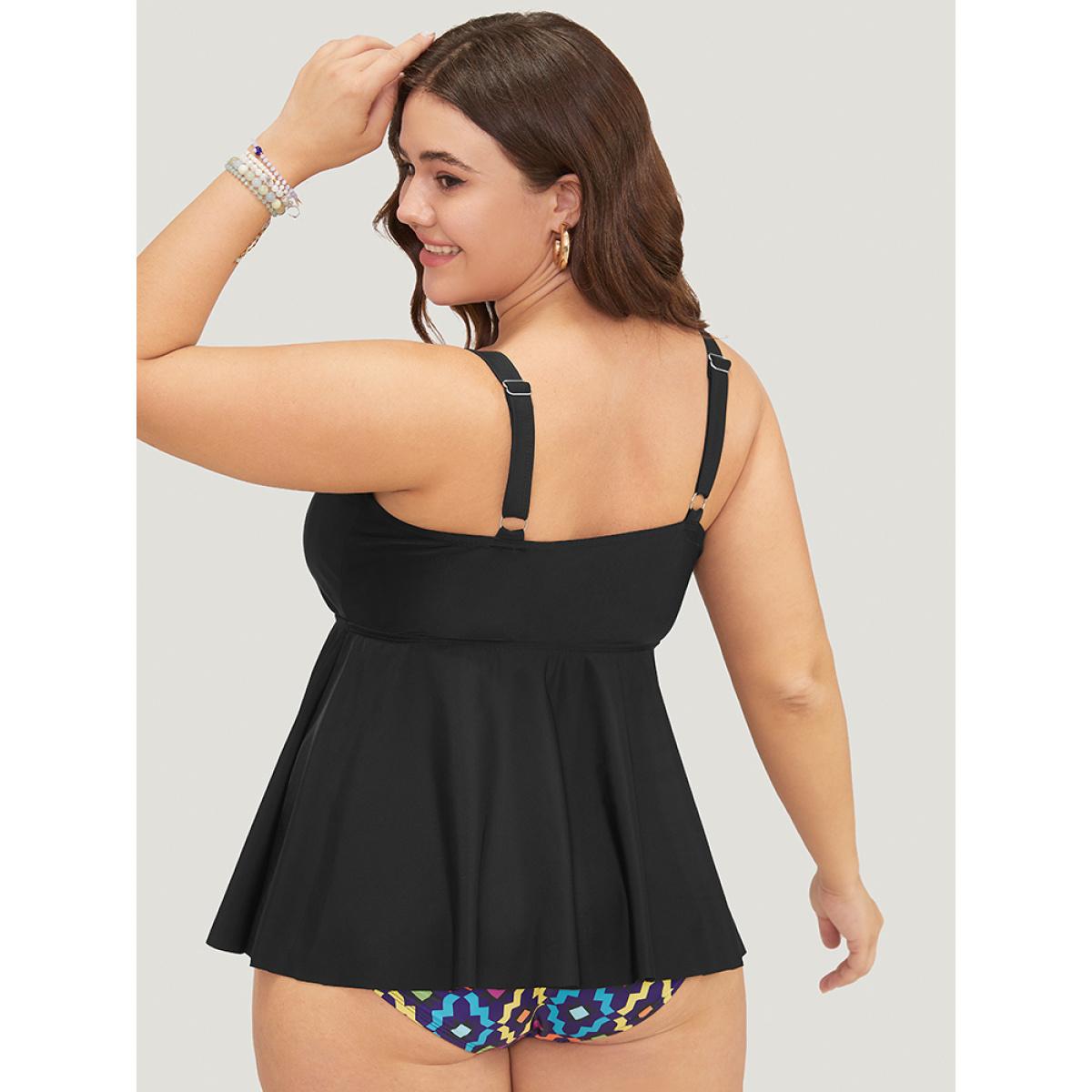 Plus Size Drawstring Front Ruched Flutter Split Hem Swim Dress Women's Swimwear Black Beach Bodycon High stretch Curve Swim Dresses BloomChic 30/6X Product Image