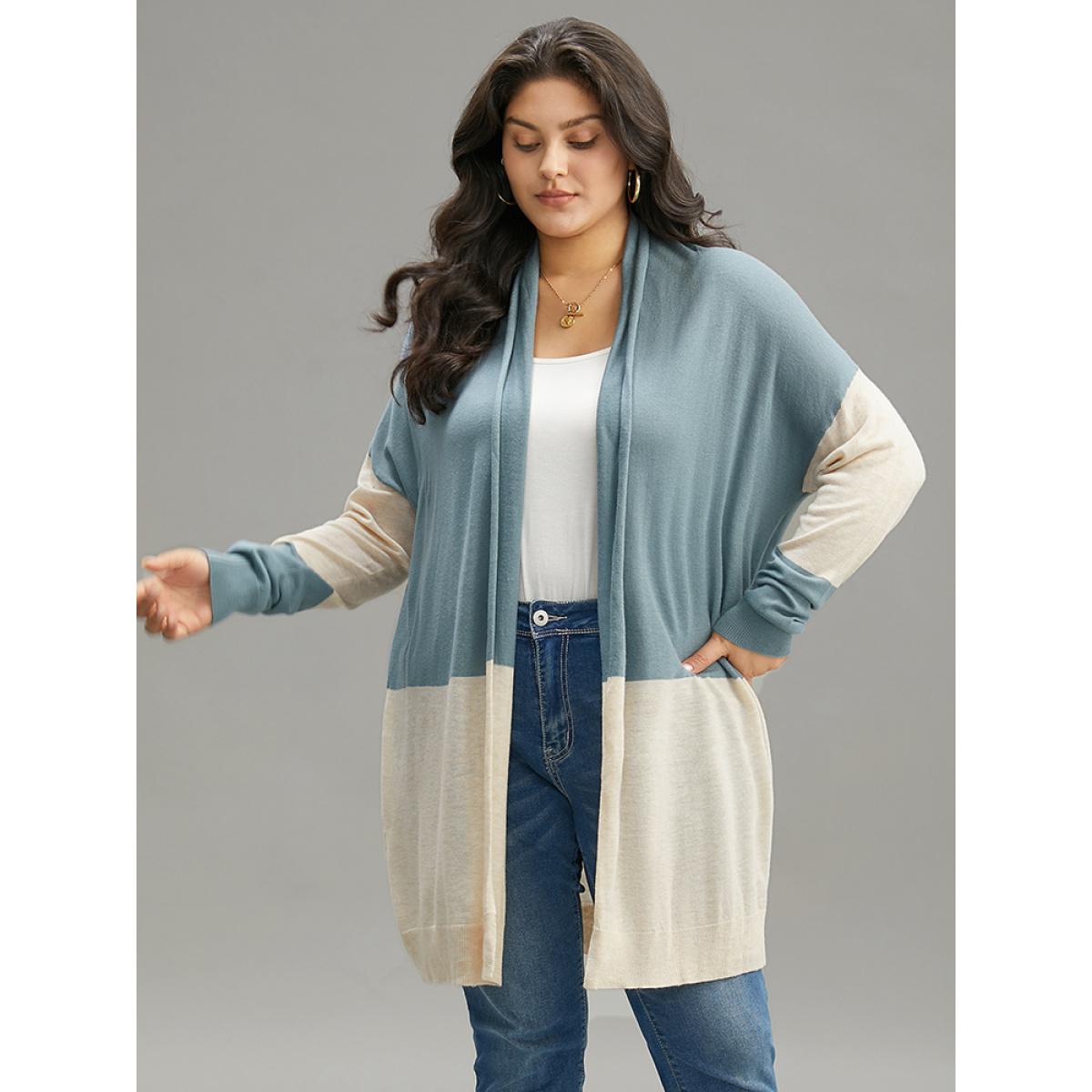 Plus Size Supersoft Essentials Colorblock Patchwork Drape Cardigan Teal Women Casual Loose Long Sleeve Dailywear Cardigans BloomChic 26/4X Product Image
