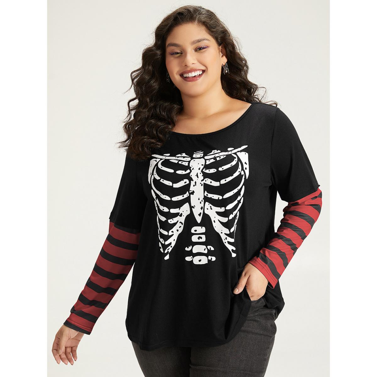 Plus Size Halloween Striped & Skull Print Patchwork T-shirt Red Women Casual Printed Halloween Festival-Halloween T-shirts BloomChic 14-16/1X Product Image