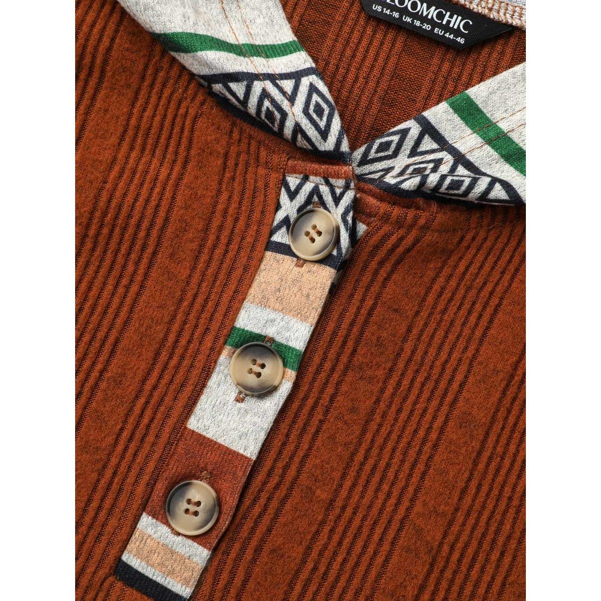 Plus Size Striped Spliced Pocket Hooded T-Shirt Rust Women Casual Texture Hooded Everyday T-shirts BloomChic 26/4X Product Image