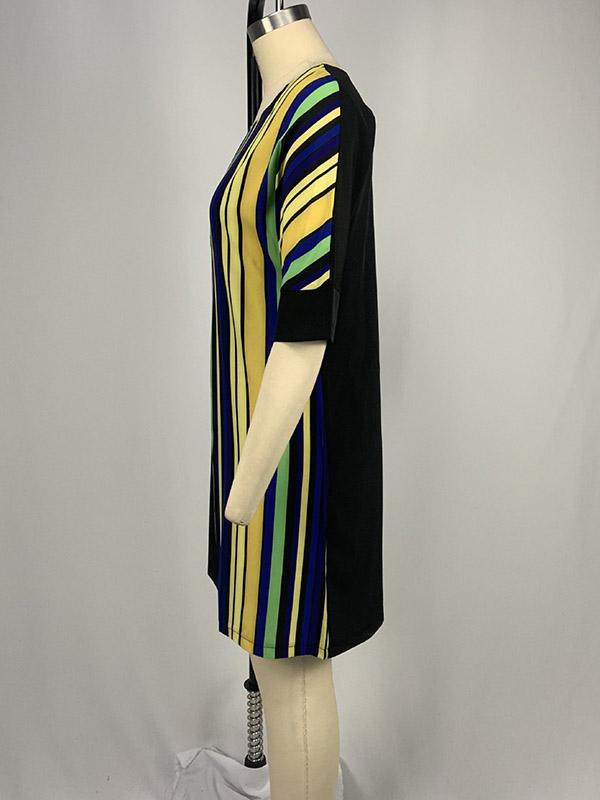 A-Line Half Sleeves Asymmetric Contrast Color Striped Round-Neck Mini Dresses Product Image
