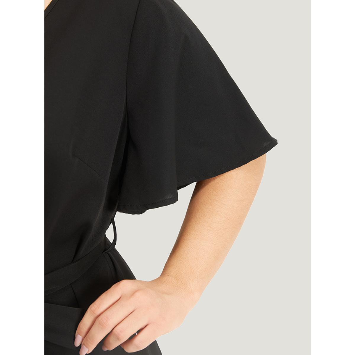 Plus Size Striped Patchwork Pocket Button Detail Belted Dress Black Women Office Plain V-neck Short sleeve Curvy Midi Dress BloomChic 30/6X Product Image