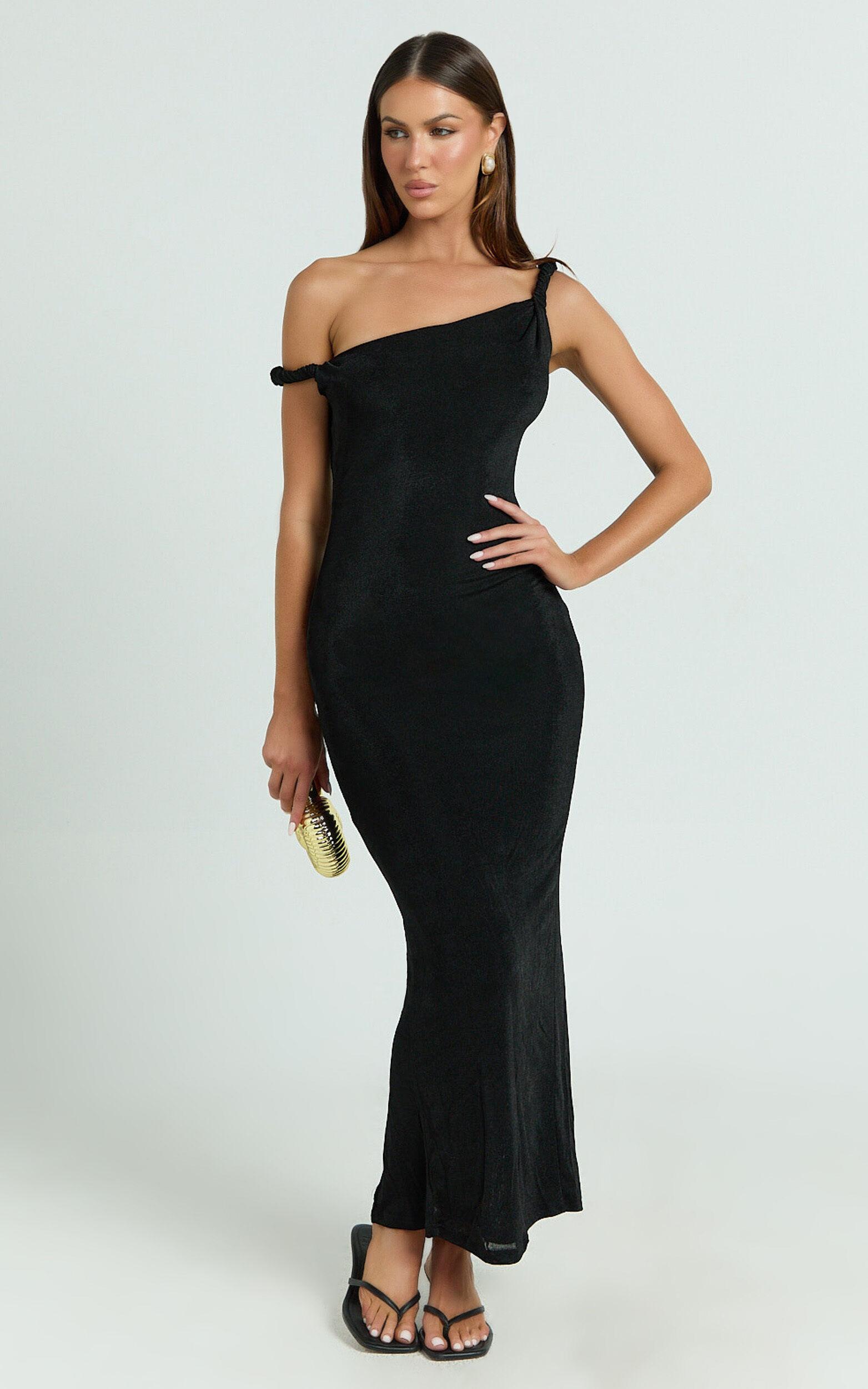 Isabel Midi Dress - Twist Off Shoulder Bodycon Dress in Black Product Image