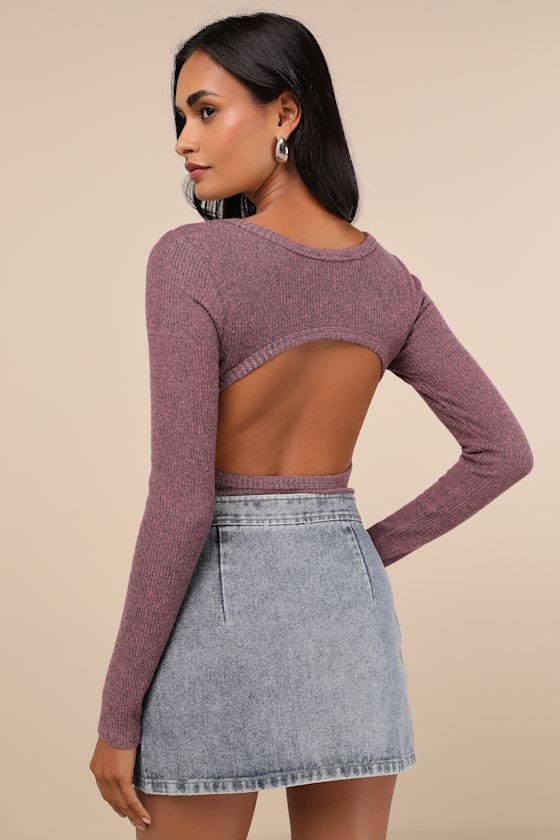 Everyday Babe Heather Purple Ribbed Long Sleeve Cutout Bodysuit Product Image