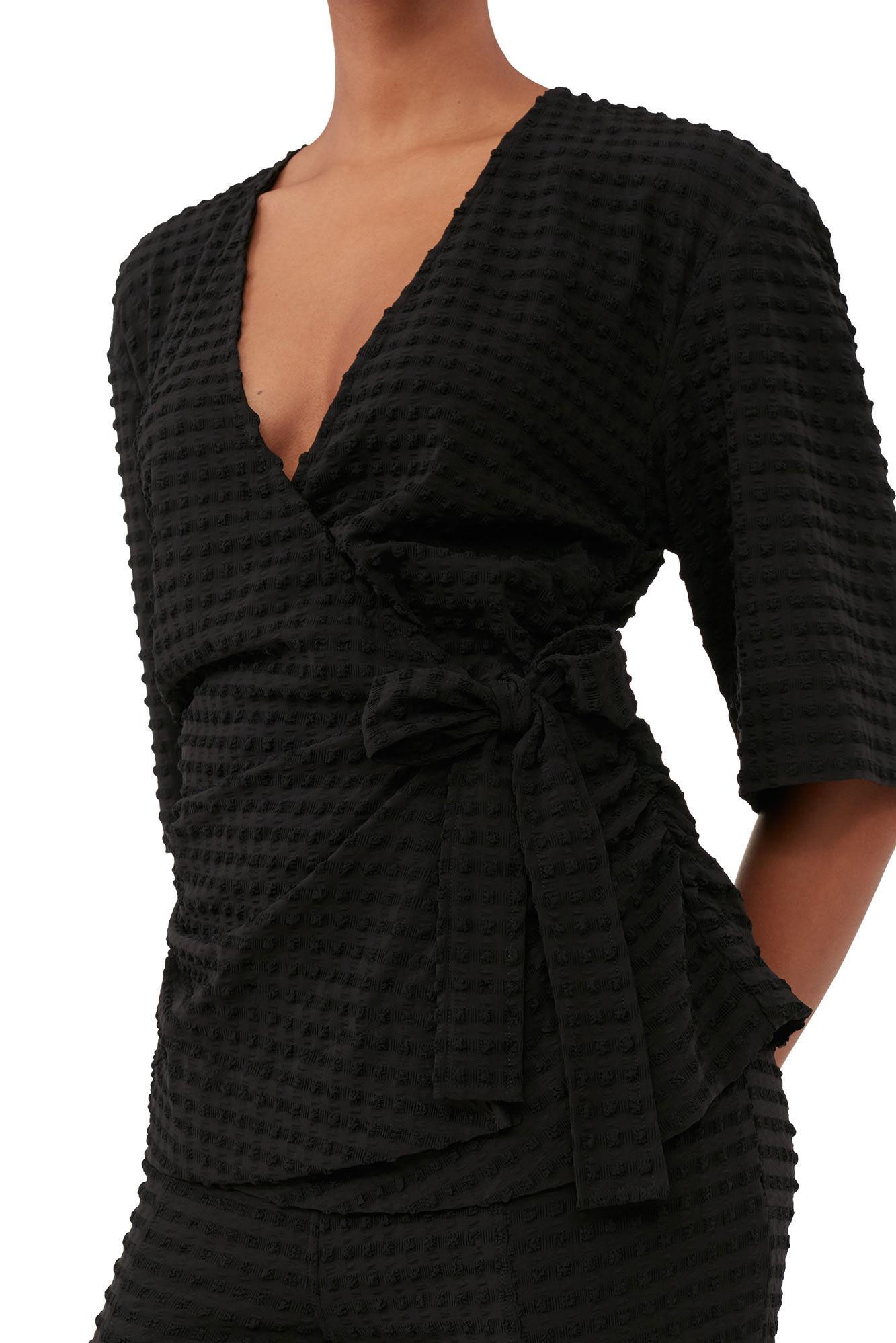 Black Stretch Seersucker Wrap Blouse Product Image