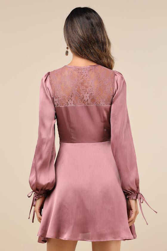 Consistent Beauty Mauve Pink Lace Cutout Long Sleeve Mini Dress Product Image