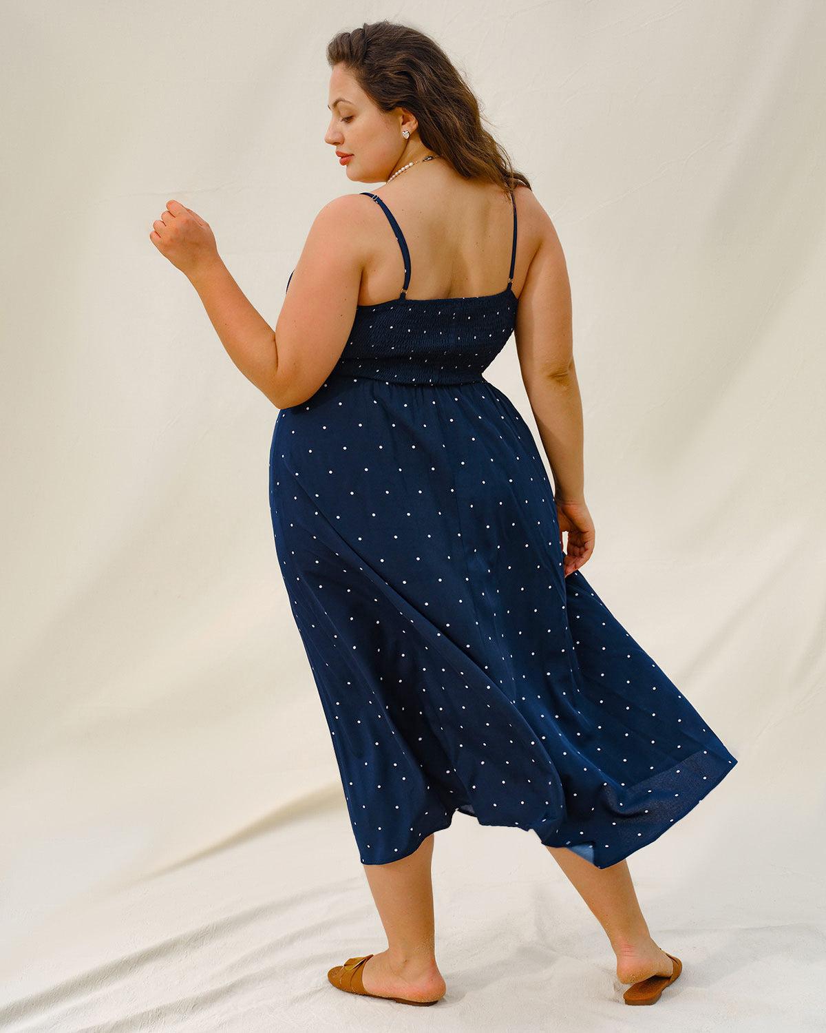 Navy Polka Dot Plus Size Slip Midi Dress Product Image