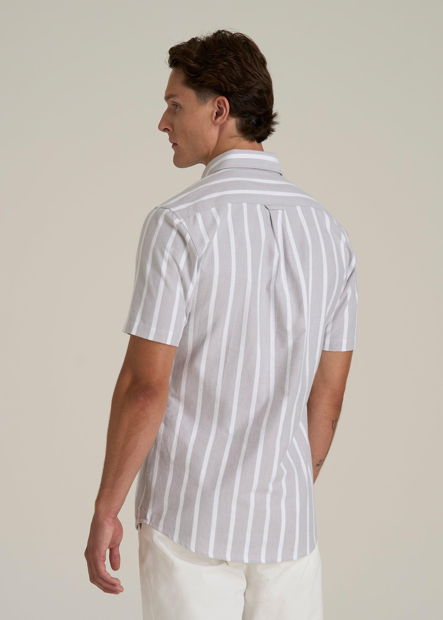 Short Sleeve Oxford Button Shirt For Tall Men in Bold Grey Stripe Male Product Image