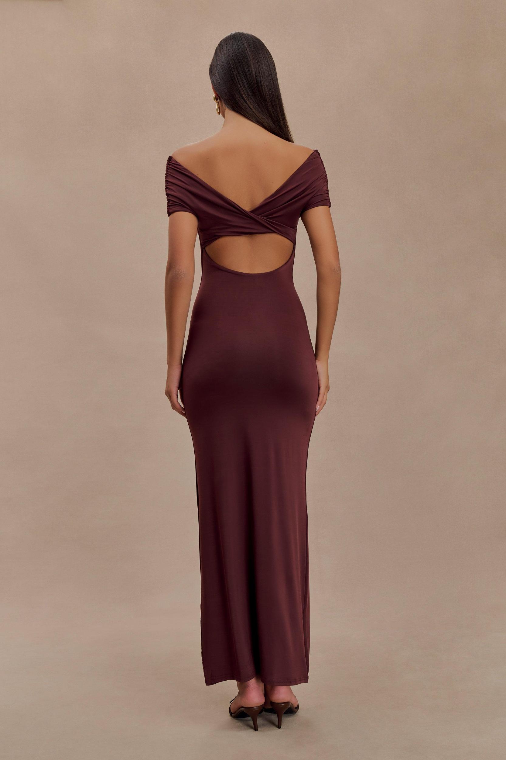 Imogen Off Shoulder Slinky Maxi Dress - Mahogany Product Image