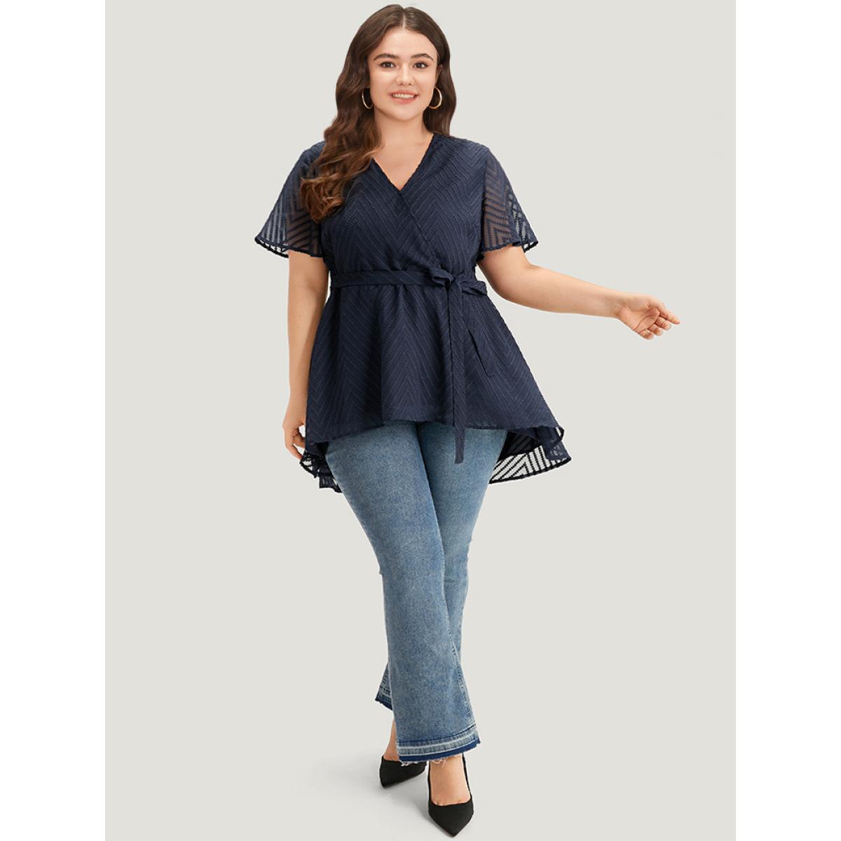 Plus Size Indigo Plain Textured Belted Wrap Mesh Flutter Sleeve Blouse Women Elegant Short sleeve V-neck Dailywear Blouses BloomChic 28/5X Product Image