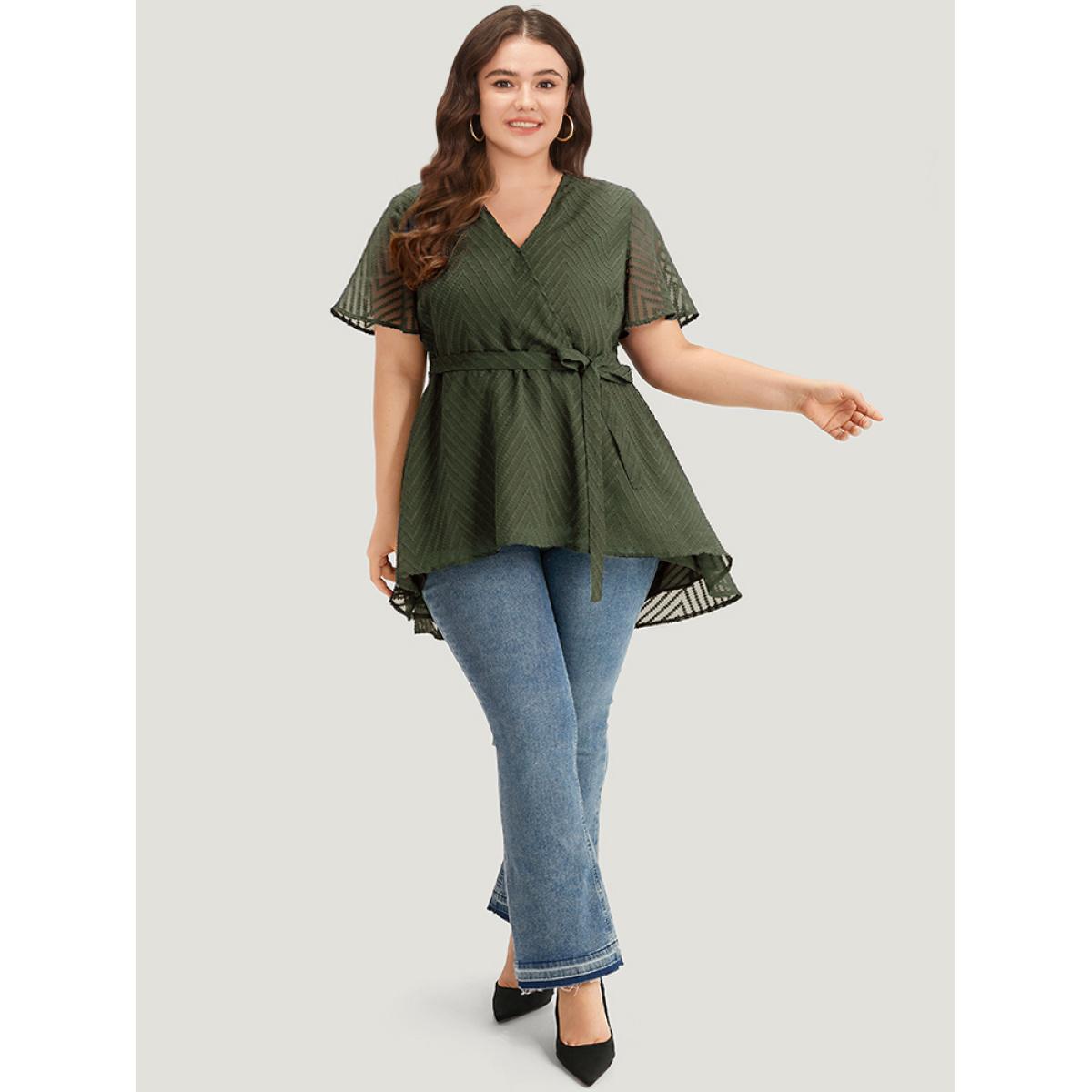 Plus Size ArmyGreen Plain Textured Belted Wrap Mesh Flutter Sleeve Blouse Women Elegant Short sleeve V-neck Dailywear Blouses BloomChic 12/L Product Image
