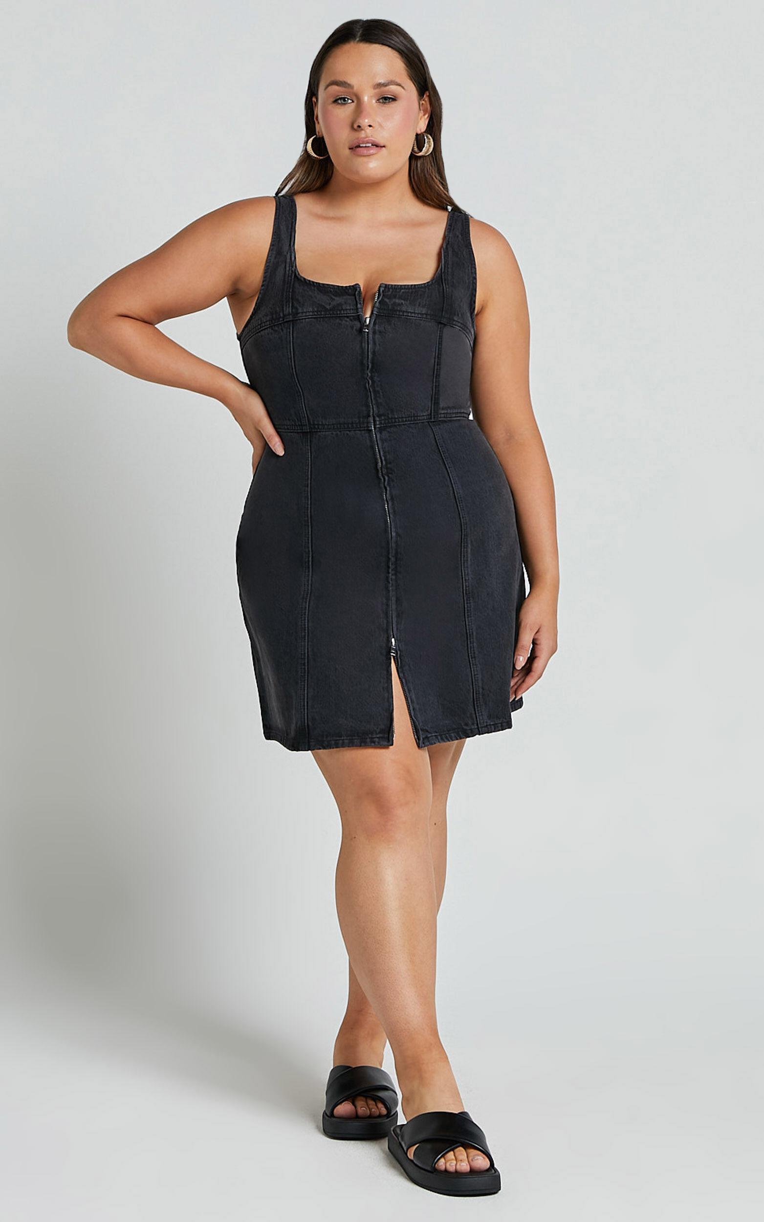 Chrysoula Mini Dress - Square Neck Zip Front Sleeveless Bodycon Denim in Washed Black Product Image