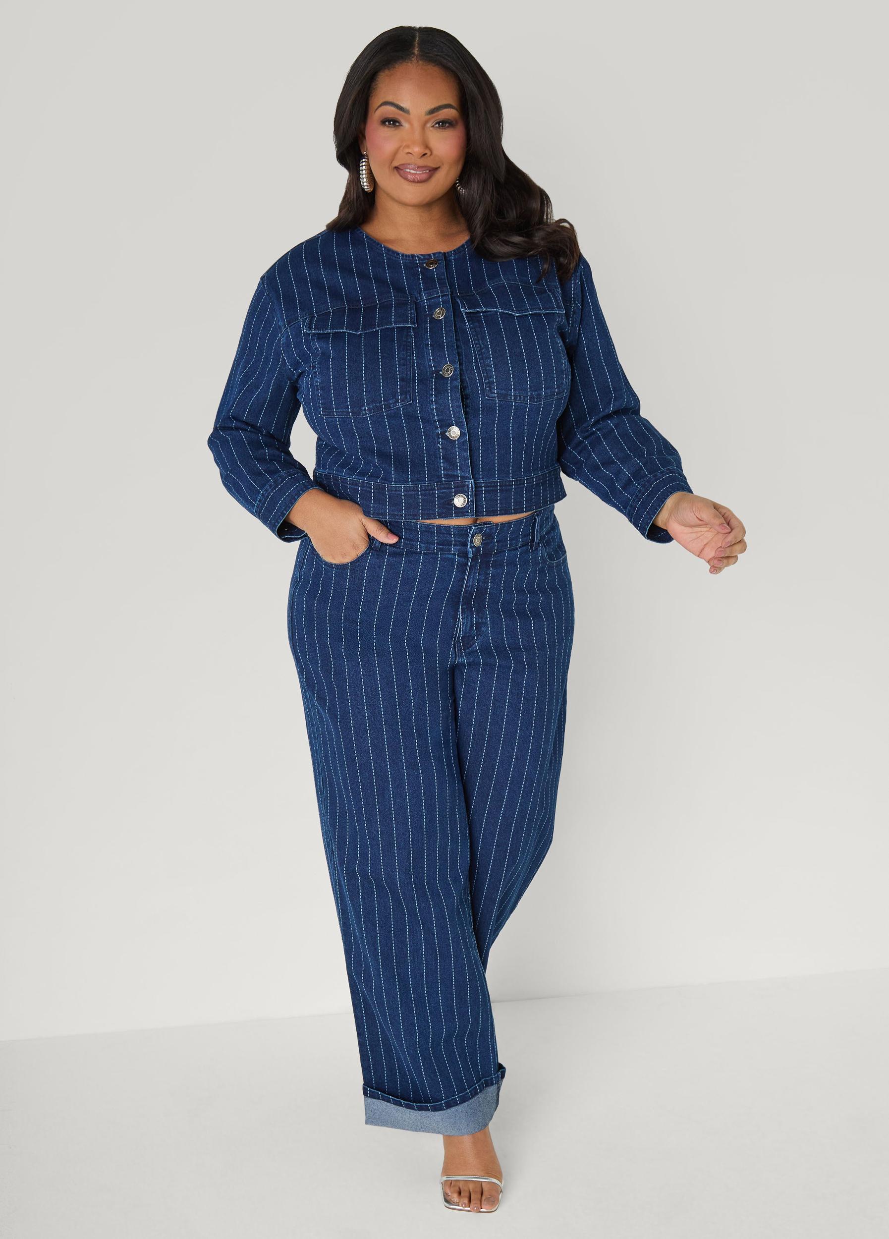Pinstriped Denim Crop Jacket Product Image