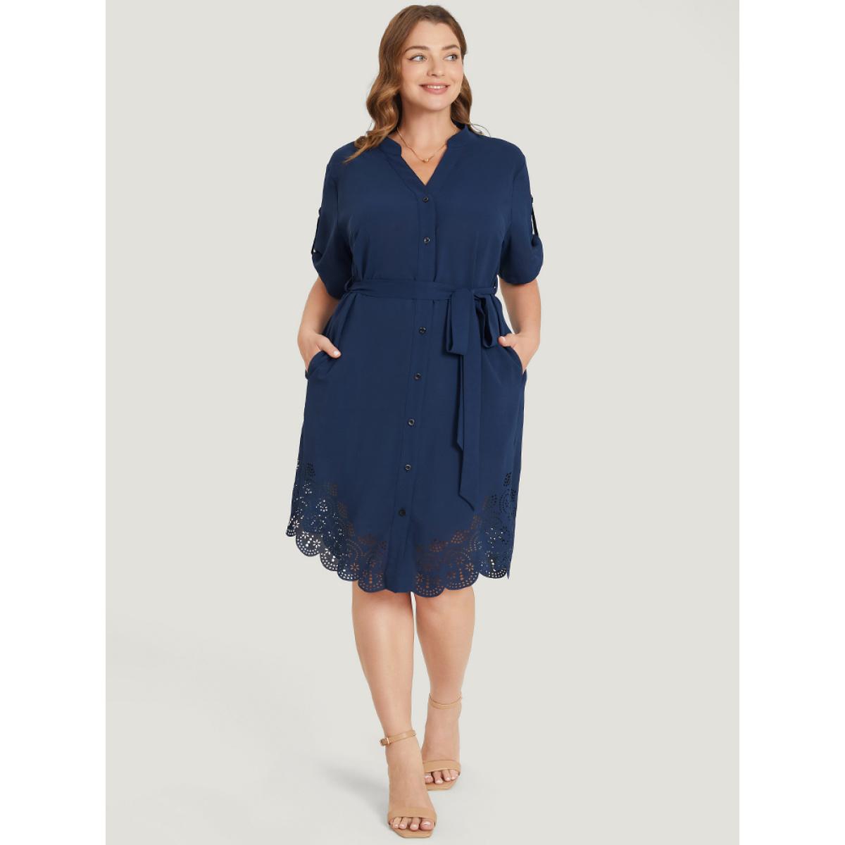Plus Size Solid Cuffed Sleeve Button Up Belted Laser Cut Arc Hem Dress DarkBlue Women Office Belted Notched collar Short sleeve Curvy Knee Dress BloomChic 22-24/3X Product Image