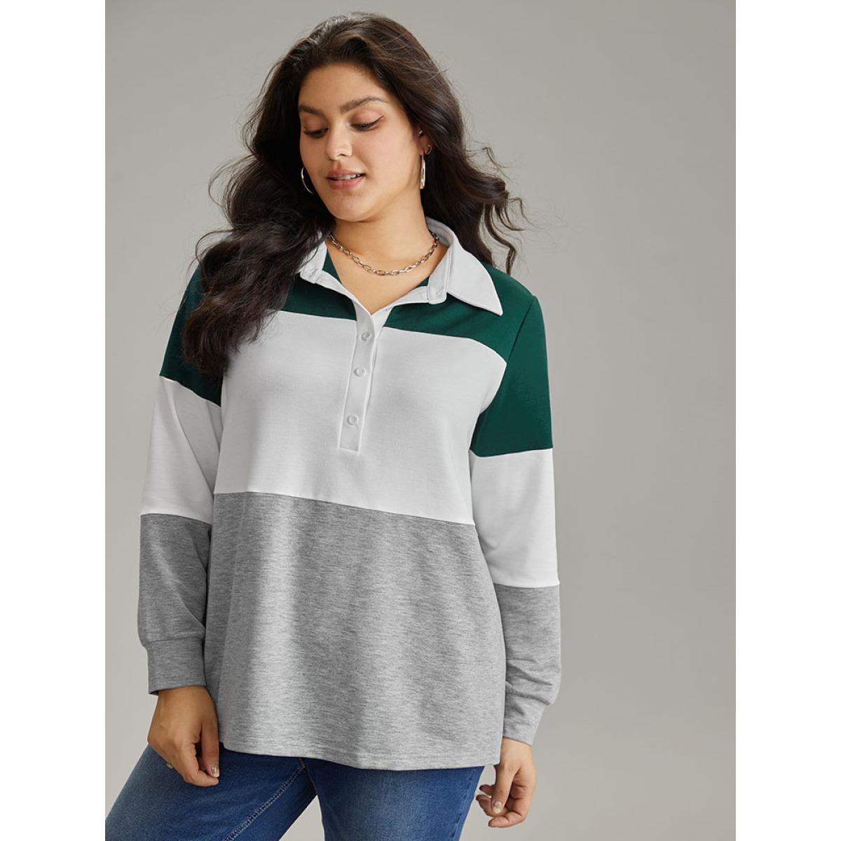 Plus Size Colorblock Contrast Button Up Polo Sweatshirt Women Multicolor Casual Contrast Polo Dailywear Sweatshirts BloomChic 10/M Product Image