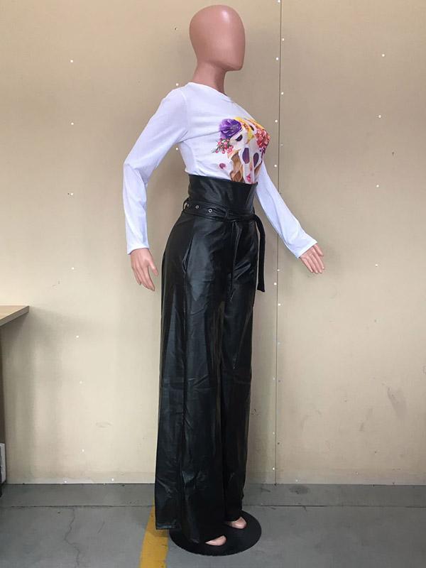 High Waisted Wide Leg Belted Solid Color Zipper Pants Trousers Product Image