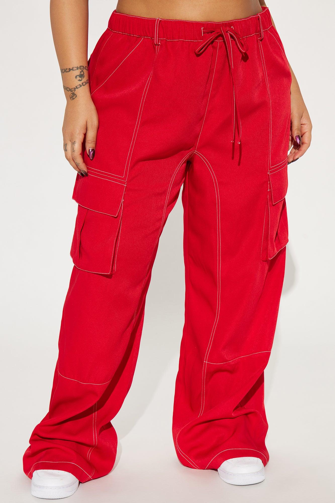 Keep Me Entertained Wide Leg Cargo Pant - Red Product Image