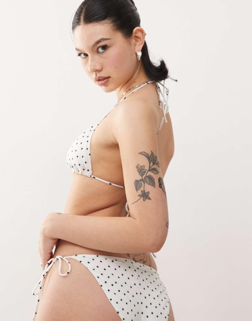Monki mix and match triangle tie up bikini top in white and black polka dot Product Image