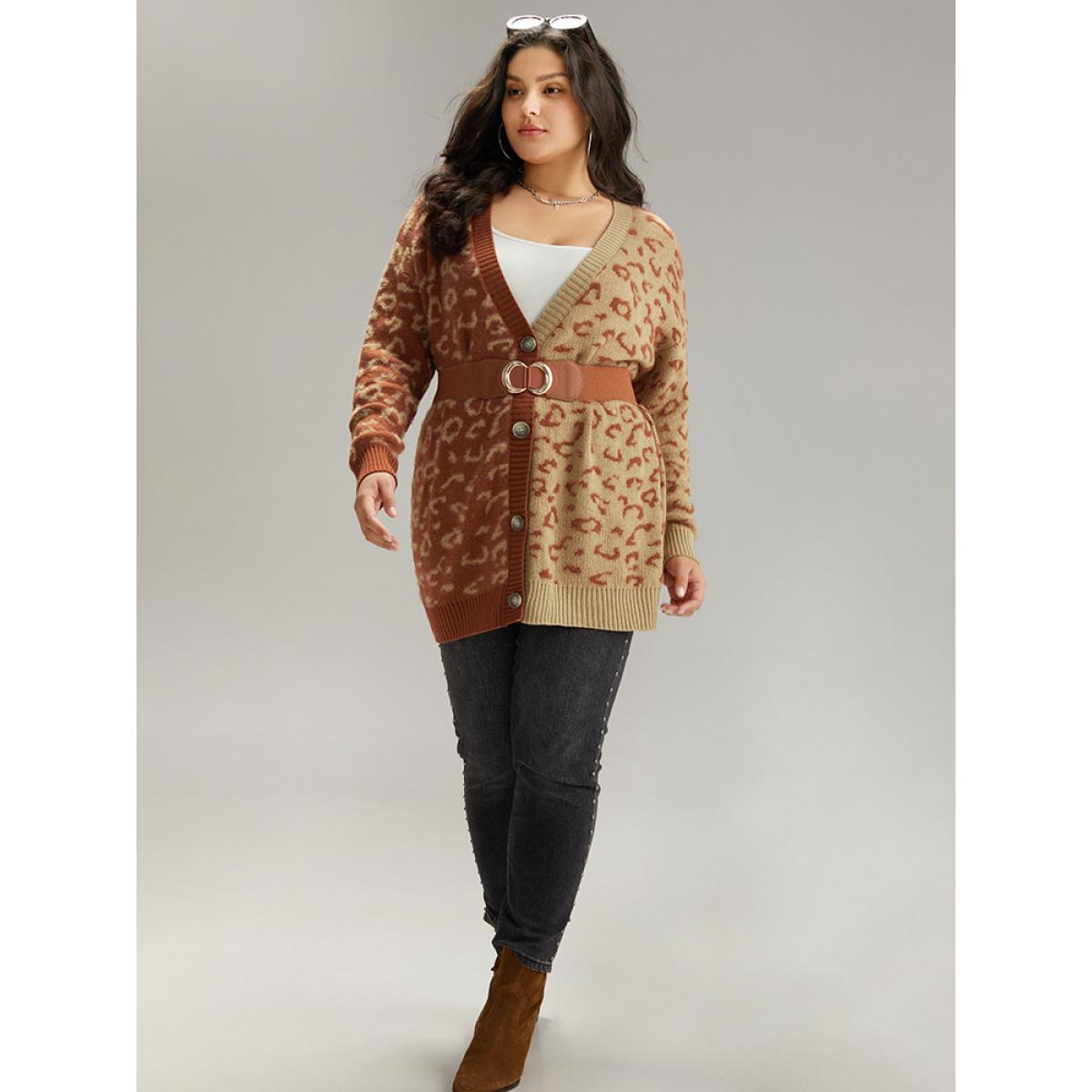 Plus Size Leopard Print Contrast Button Through Cardigan Leopard Women Casual Loose Long Sleeve Dailywear Cardigans BloomChic 22-24/3X Product Image