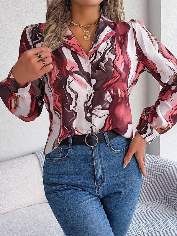 Long Sleeves Loose Buttoned Printed Notched Collar Blouses&Shirts Tops Product Image