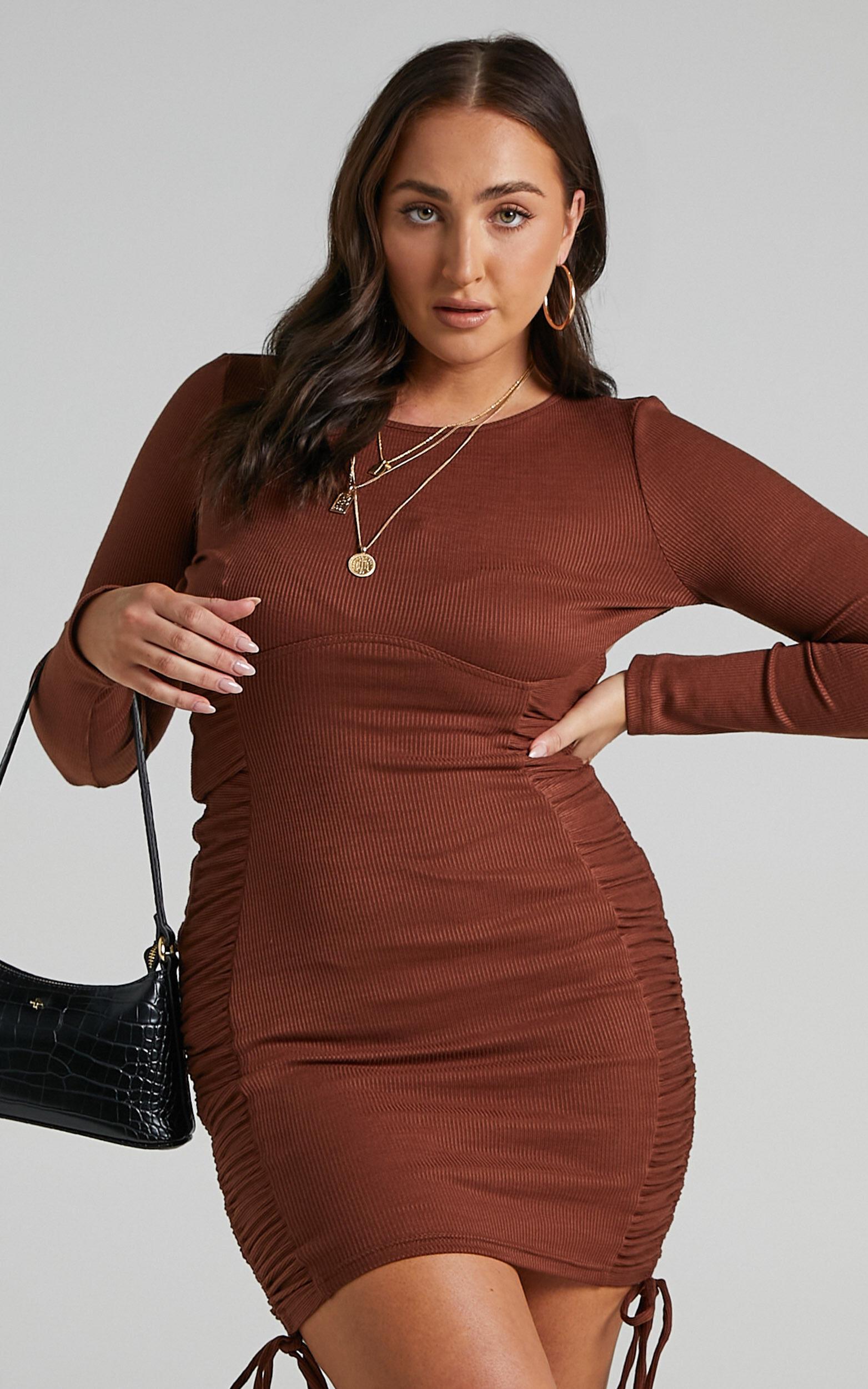 Brittah Mini Dress - Long Sleeve Dress in Chocolate Product Image