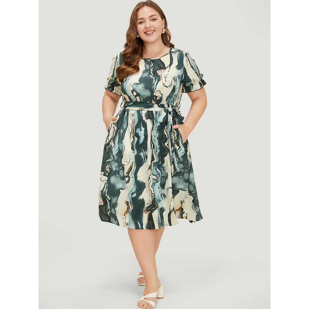 Plus Size Water Ripple Pocket Belt Puff Sleeve Dress Multicolor Women Elegant Round Neck Short sleeve Curvy Midi Dress BloomChic 10/M Product Image
