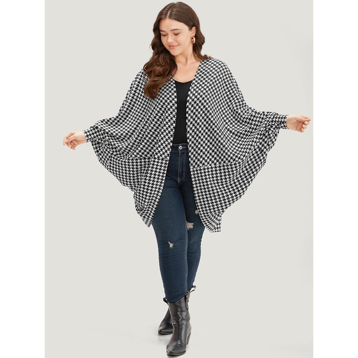Plus Size Houndstooth Asymmetrical Hem Dolman Sleeve Kimono Women Black Casual Asymmetrical Loose Dailywear Kimonos BloomChic 22-24/3X Product Image