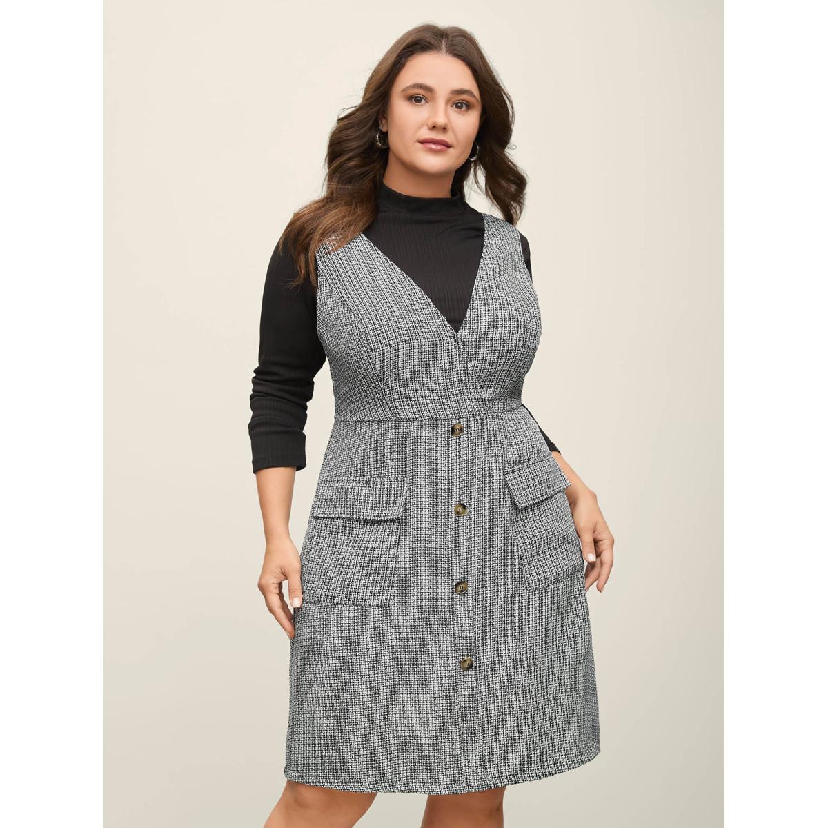 Plus Size Houndstooth Button Detail Pockets Knee Dress Black Women Overlap Collar Sleeveless Curvy BloomChic 14-16/1X Product Image