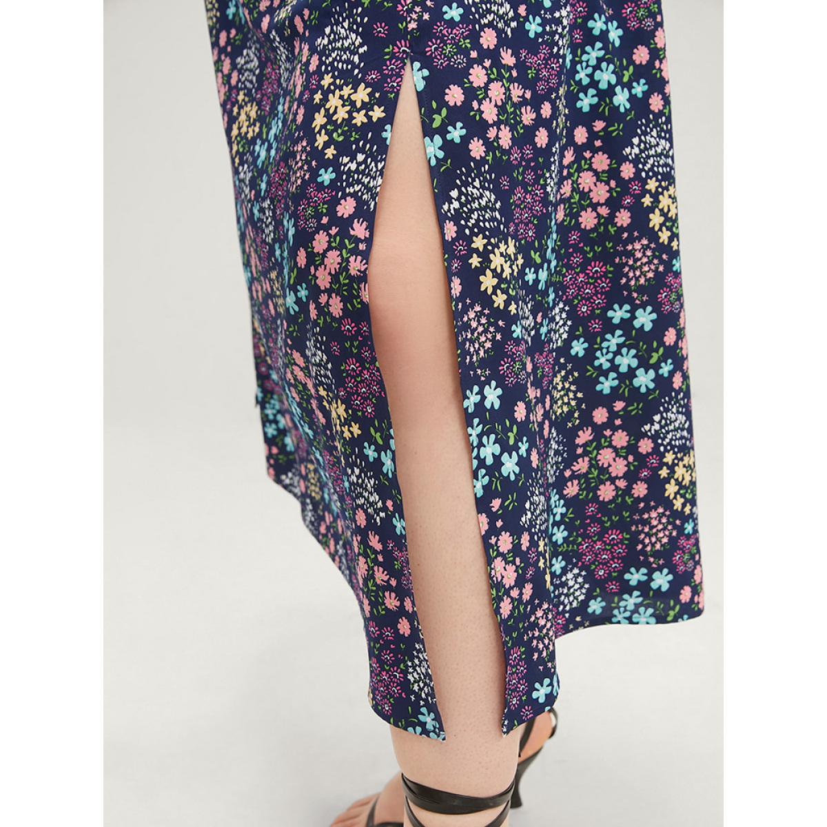 Plus Size Ditsy Floral Ruffles Pocket Shirred Split Hem Cami Dress Navy Women Vacation Adjustable Straps Spaghetti Strap Short sleeve Curvy Midi Dress BloomChic 22-24/3X Product Image