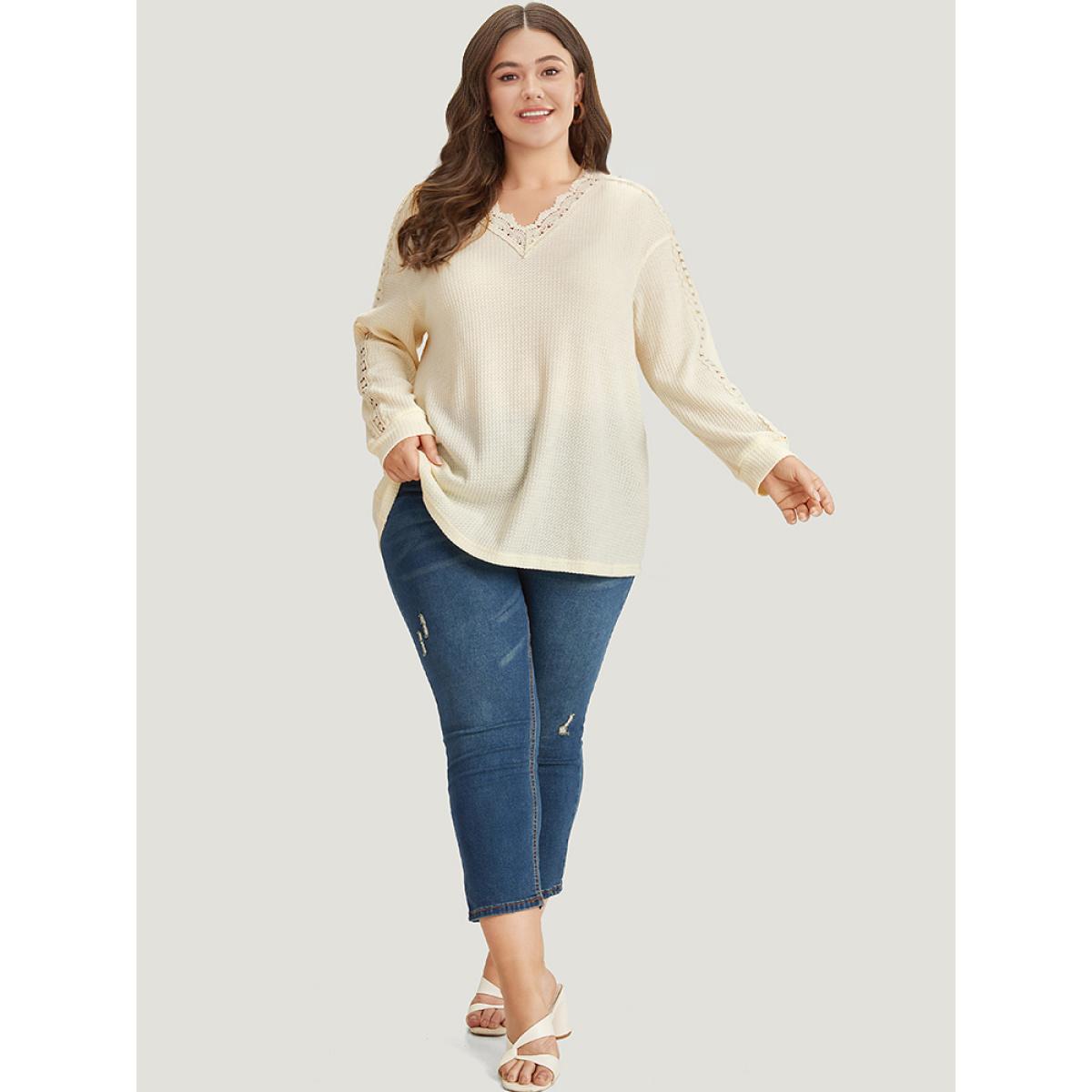 Plus Size Solid Crochet Lace V Neck Sweatshirt Women Ivory Elegant Lace V-neck Dailywear Sweatshirts BloomChic 14-16/1X Product Image