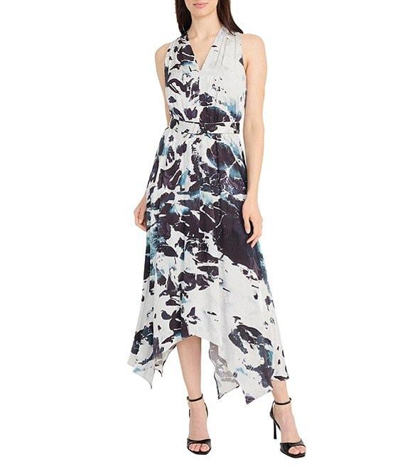 Maggy London Jacquard Multi Print V Neck Sleeveless Asymmetrical Hem Fit and Flare Midi Dress Product Image