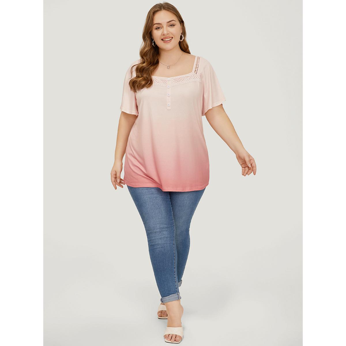 Plus Size Ombre Print Ruffle Sleeve Contrast Lace T-shirt OrangeRed Women Elegant Lace Ombre Square Neck Dailywear T-shirts BloomChic 28/5X Product Image