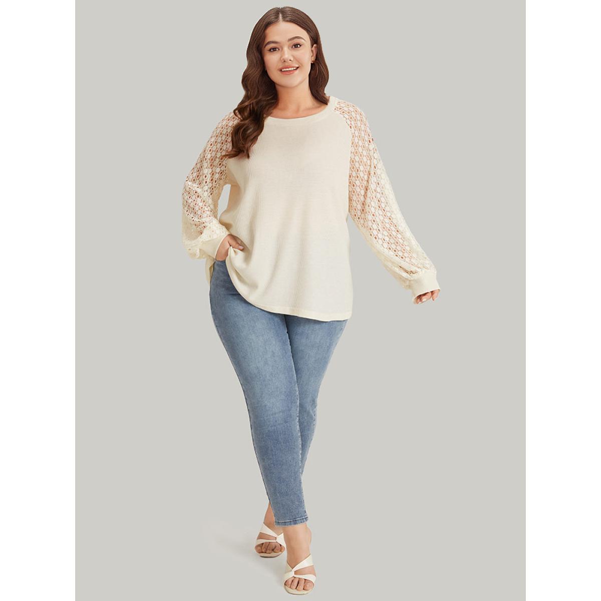 Plus Size Lace Panel Raglan Sleeve Waffle Knit Sweatshirt Women Ivory Elegant Patchwork Round Neck Dailywear Sweatshirts BloomChic 14-16/1X Product Image