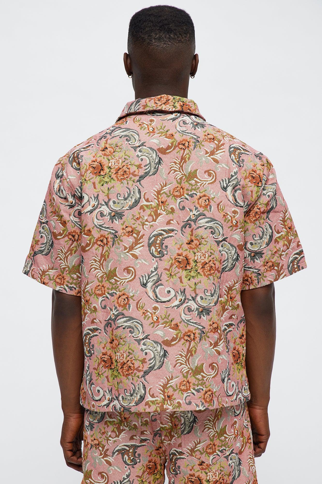 Rose Pattern Tapestry Closed Collar Button Up Shirt - Pink/combo Male Product Image