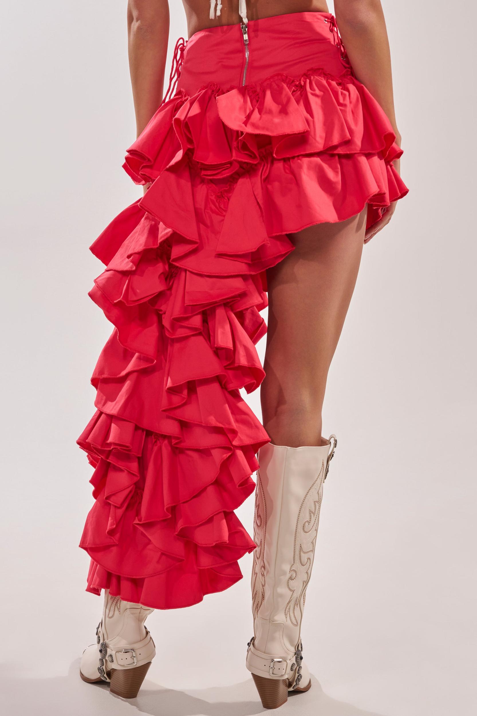 CLAIRE HIGH LOW RUFFLE SKIRT IN RED Product Image