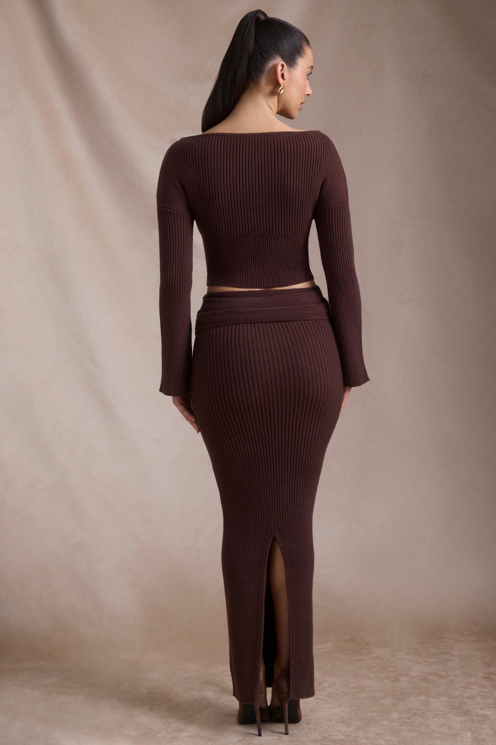 Ribbed-Knit Foldover Maxi Skirt in Espresso Female Product Image