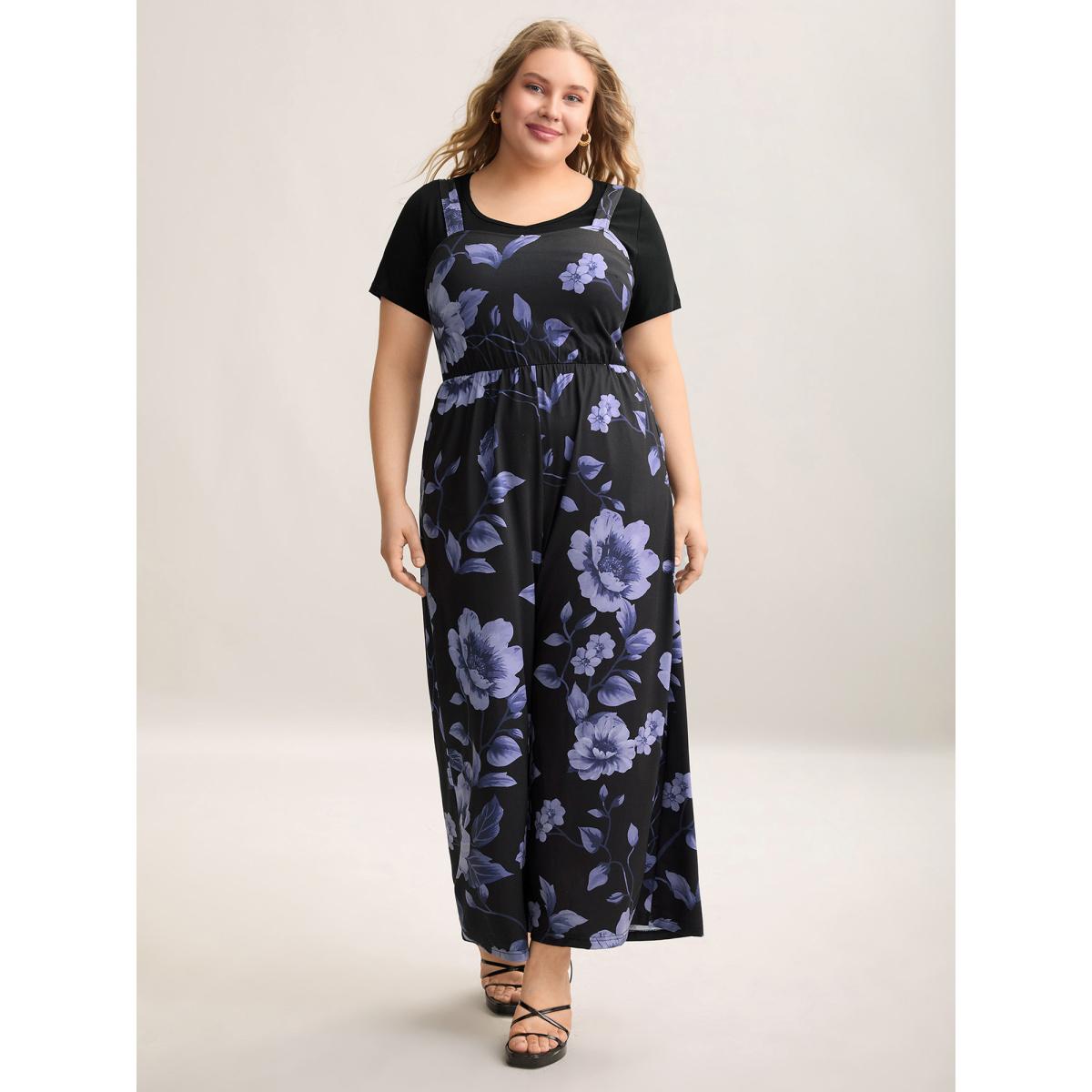 Plus Size Bluepurple Floral Print Stretchy Adjustable Straps Jumpsuit Women Elegant Sleeveless Non Everyday-Elegant Loose Jumpsuits BloomChic 22-24/3X Product Image