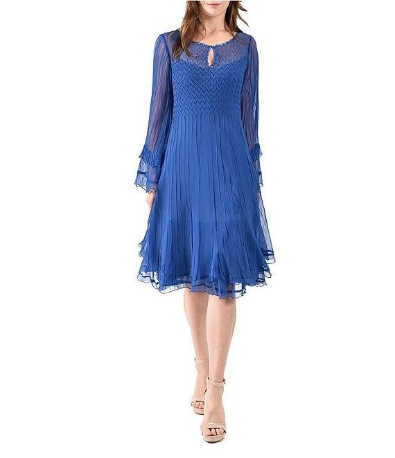 Komarov Pleated Chiffon Keyhole Neck Long Sleeve Fit and Flare Dress Product Image