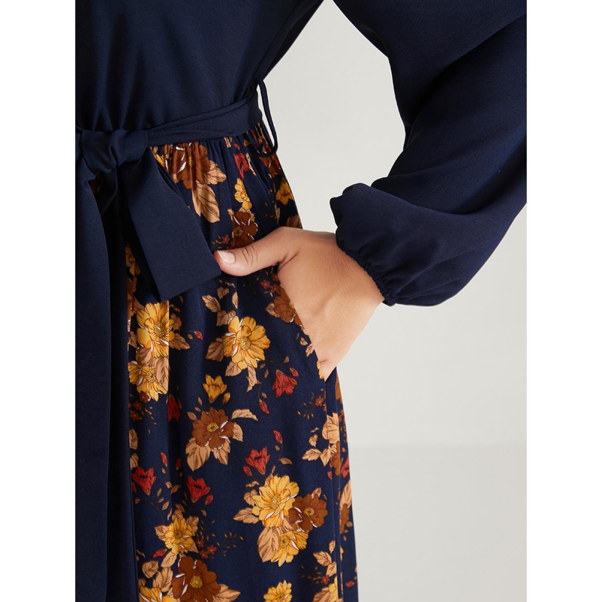 Plus Size Floral Split Lantern Sleeve Pocket Flutter Belted Dress Navy Women Elegant Printed V-neck Long Sleeve Curvy Midi Dress BloomChic 12/L Product Image