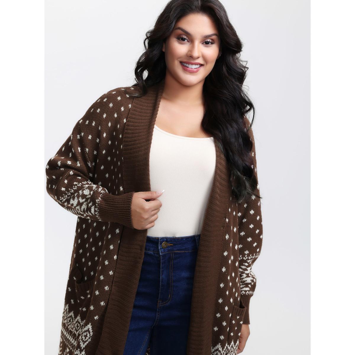 Plus Size Polka Dots Kimono Collar Knit Cardigan Browncoffeecolor Women Leisure Loose Long Sleeve Casual Cardigans BloomChic 14-16/1X Product Image